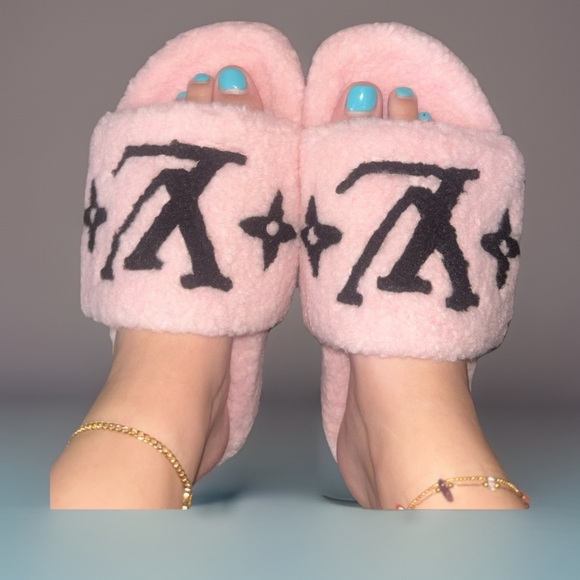 Louis Vuitton Shoes - Vibrant Pink Fuzzy Slide Sandals used once QR code available size 8